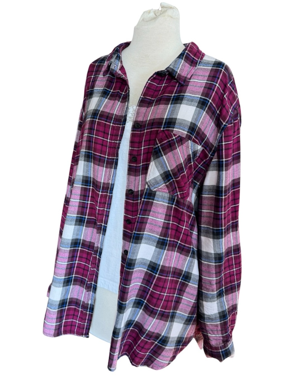 Beachlunchlounge 100% Cotton Grunge Flannel Plaid Button Down Wild Rose XL